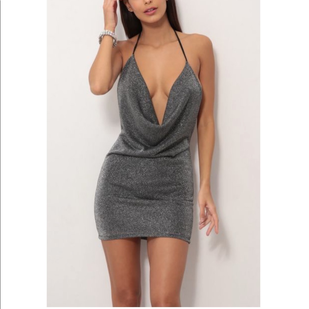 Cowl neck silver mini dress
